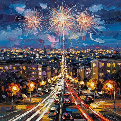 Festive Cityscape with Fireworks - Impressionist Style Celebration