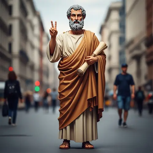 Classical Philosopher Making a Peace Sign - Timeless Wisdom in Modern Era