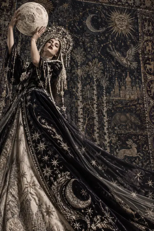 Cosmic Russian Diva: Fashion Portrait with Tapestry
