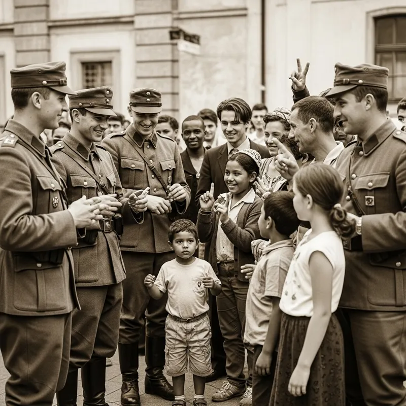 Austrian Soldiers Engaging with Civilians in Sepia Tone Atmosphere