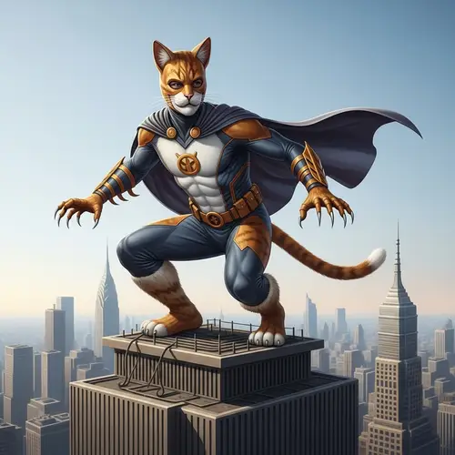 Cat-Themed Superhero Costume | Dynamic Pose on City Skyscraper