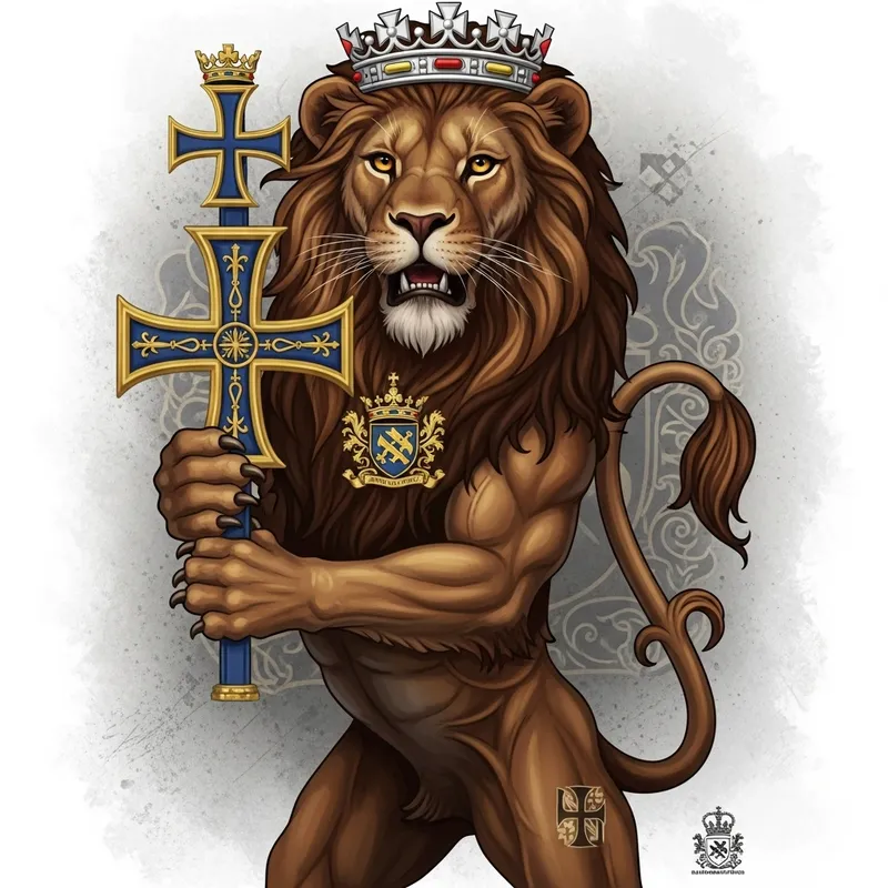 Historical Demi-Rampant Lion Holding Cross Crosslet - Russell Family Insignia