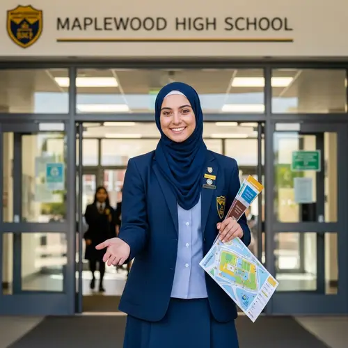 Graceful School Student Welcoming Guests with Enthusiasm