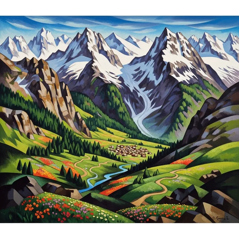 Abstract Mountain Landscape Art - Vivid Peaks & Valleys