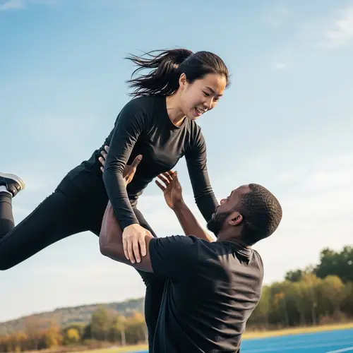 Dynamic Action Shot of Asian Woman Catching Black Man in Mid-Air | Sports Photography Style
