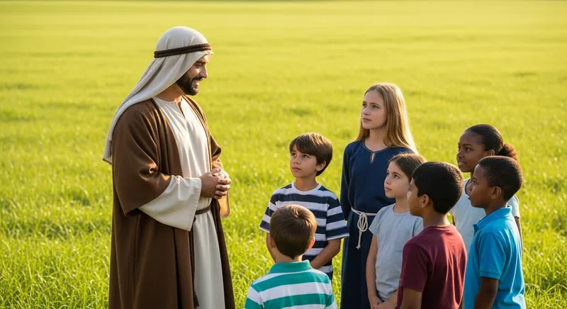 Serene Religious Figure Engaging with Diverse Children in Green Field