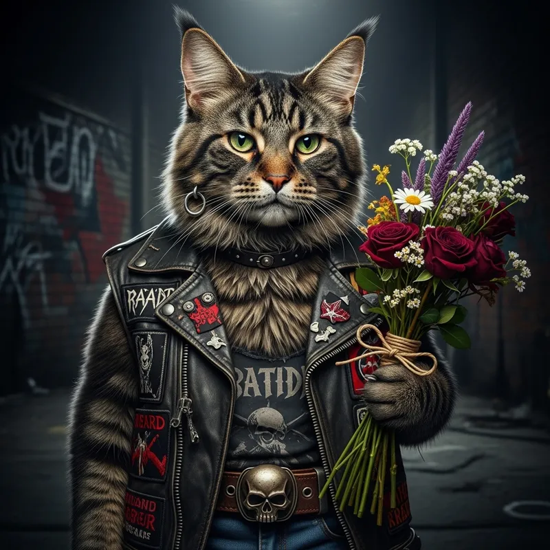 Brutal Rocker Cat with Bouquet - Unique Artwork
