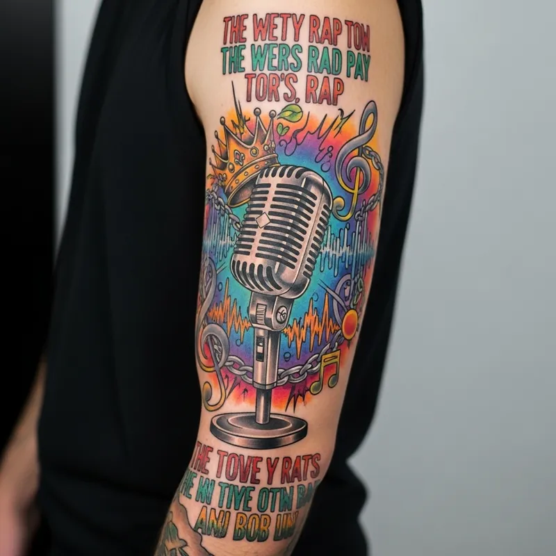 Vibrant Rap Tattoo Design: Stylized Mic & Iconic Elements