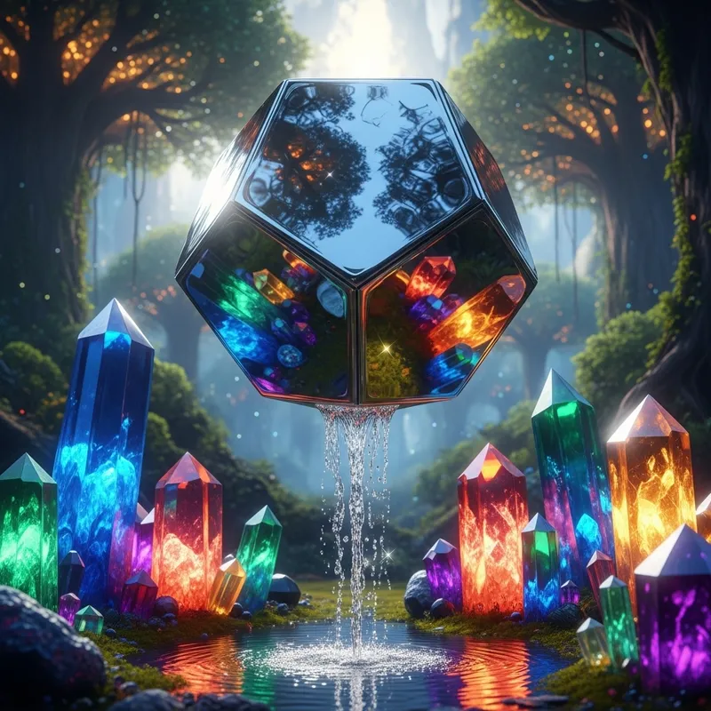 Visually Striking Metallic Geometric Object | Cascading Water & Colorful Crystals