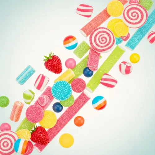 Vibrant Candy and Fruit Arrangement in Motion