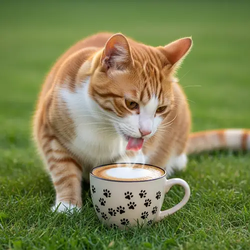 Cute Cat Enjoying Espresso on Green Lawn | Whimsical Scene
