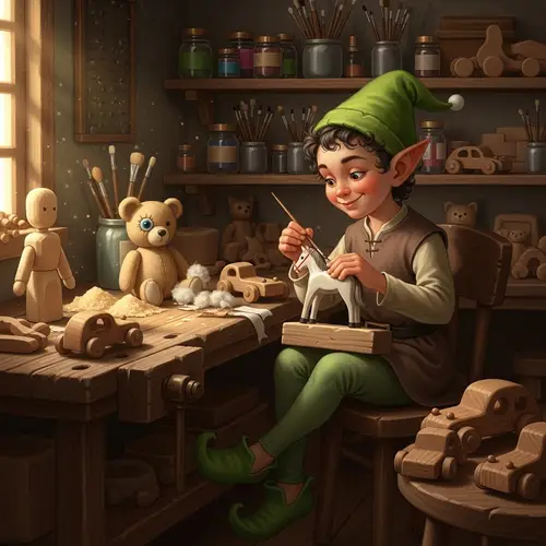 Enchanting Elf Painting Wooden Horse in Workshop