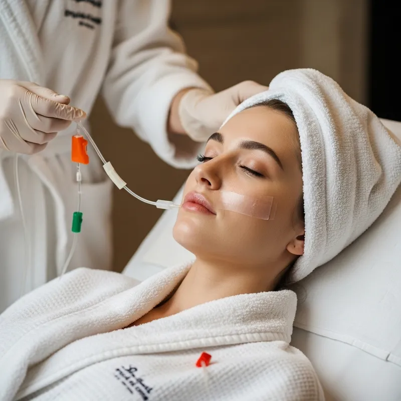 Elegant White Woman Receiving IV Therapy in Luxurious Spa