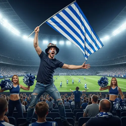 Chaos Unleashed: Hooligan's Blue & White Flag Antics at Sports Stadium