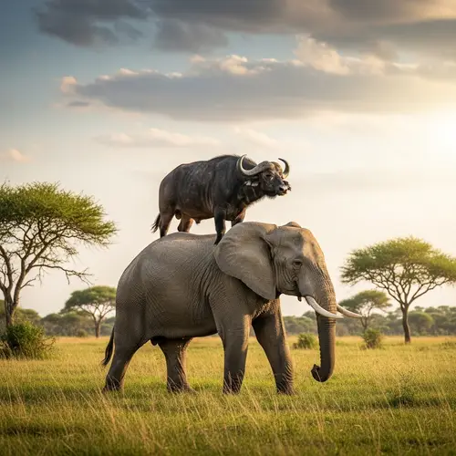 Buffalo Riding on Elephant in Serene Natural Landscape