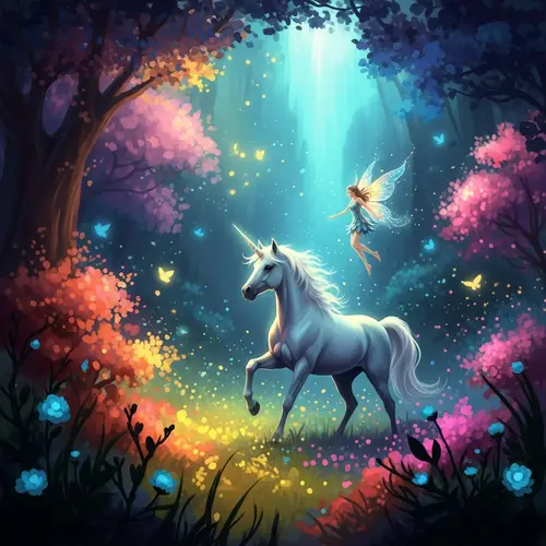Mystical Fantasy Scene with Unicorn and Fairy | Vibrant Colors
