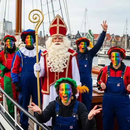 Sinterklaas Figure on Ship with Colorful Crew in Volendam Village