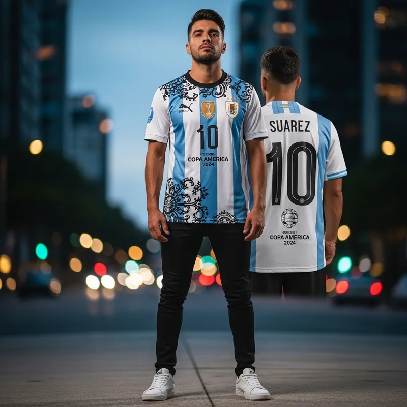 Unique Man with High-Fashion T-Shirt and Uruguayan Soccer Jersey