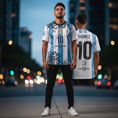Stylish Man with Designer T-Shirt and Uruguayan Soccer Jersey
