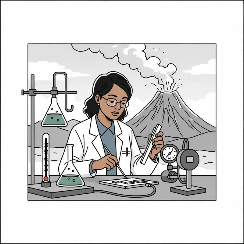 Simple Cartoon: Scientist Testing Near Volcano | Safety First