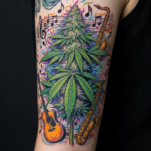 Tattoo Design: Cannabis Plant & Musical Elements in Van Gogh Style