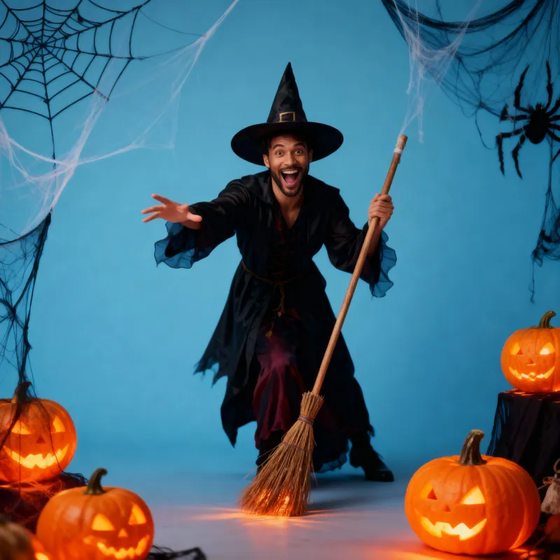 Playful Friendly Witch with Halloween Decor Playful Friendly Witch with Halloween Decor