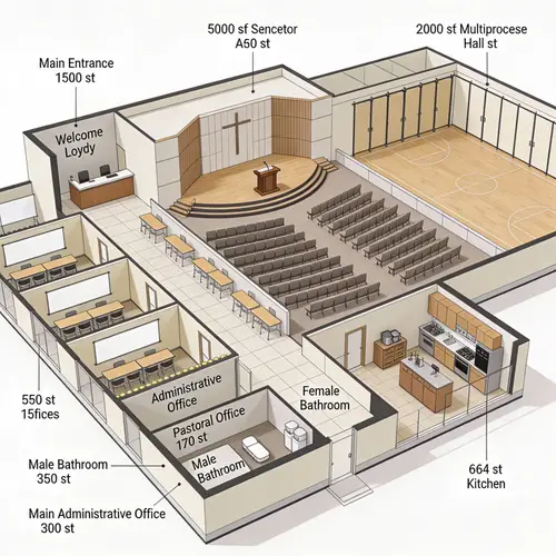 Detailed Floor Plan for Community Building | Sanctuary, Multipurpose Hall, Classrooms, Offices, and Facilities