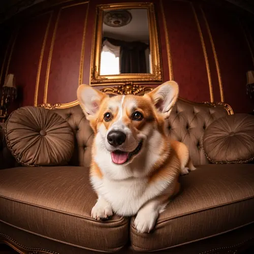 Luxurious Corgi Lounging on Opulent Velvet Couch