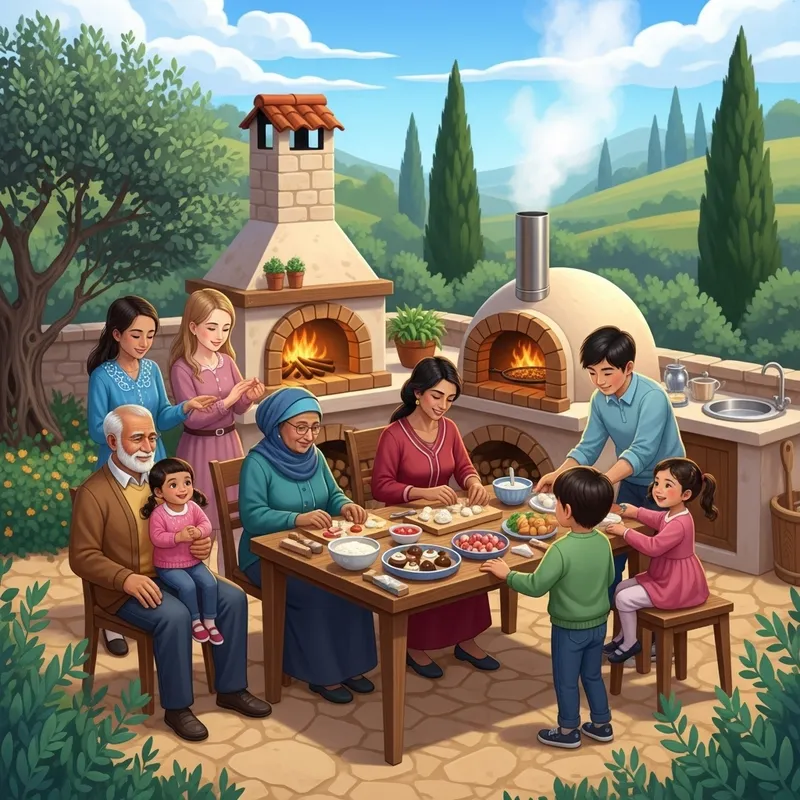 Joyful Levantine Family Celebrates New Year with Festive Desserts in Garden Setting