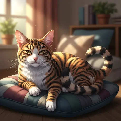 Detailed Digital Illustration of a Relaxed Cat on Plush Cushion