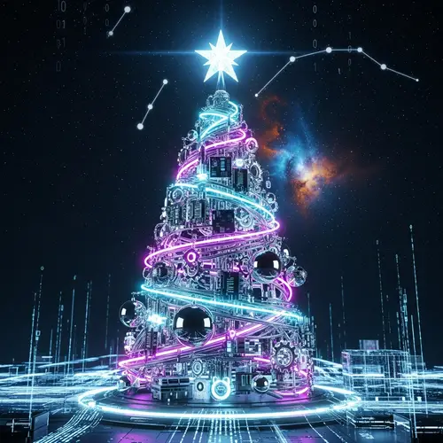 Futuristic Cyber-Themed Christmas Tree Decorated with Neon Lights