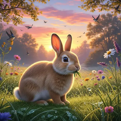 Serene Sunrise Meadow with Fluffy Rabbit and Wildflowers