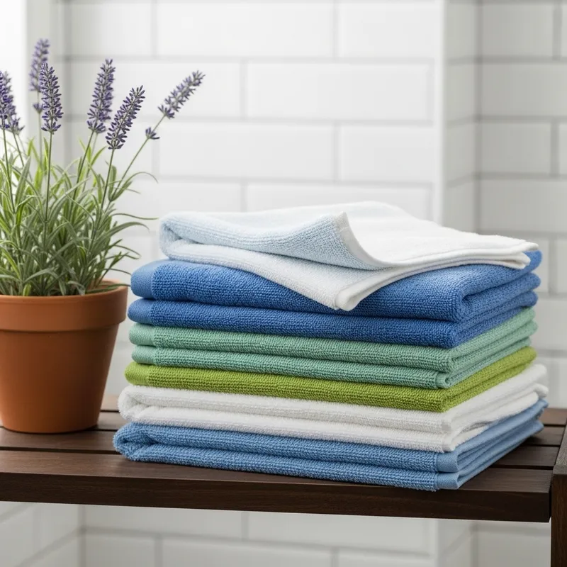 Clean and Fluffy Towels in Blue, Green, and White | Bathroom Decor