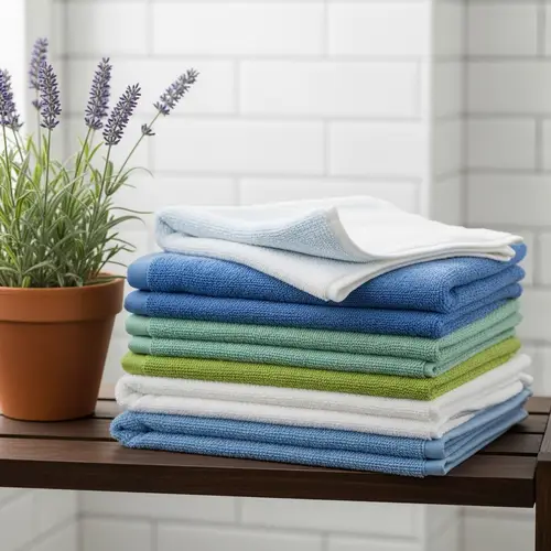 Luxury Fluffy Towels in Blue, Green, and White | Bathroom Decor