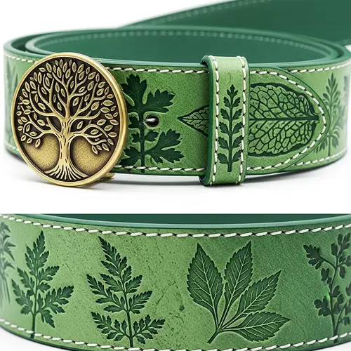 Eco-Friendly Green Leather Belt with Plant Motifs