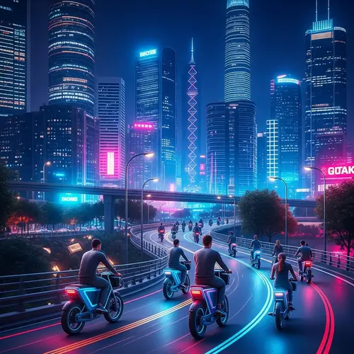 Futuristic Cityscape | Neon Lights & Electronic Bicycles