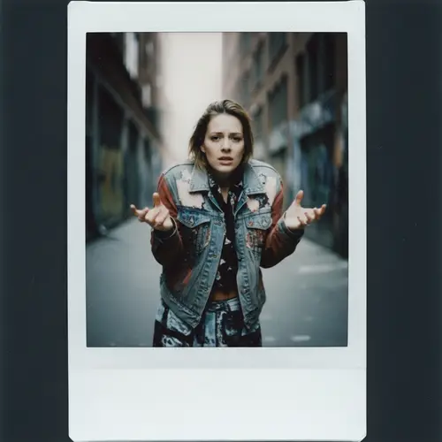 Raw Street Style Polaroid Featuring Anxious Woman in a Cityscape