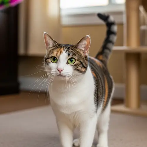 Playful Calico Cat in Comfortable Domestic Setting