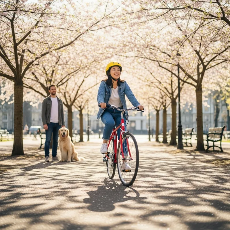 Joyful Woman Riding Bicycle in Blossom-filled Park Joyful Woman Riding Bicycle in Blossom-filled Park