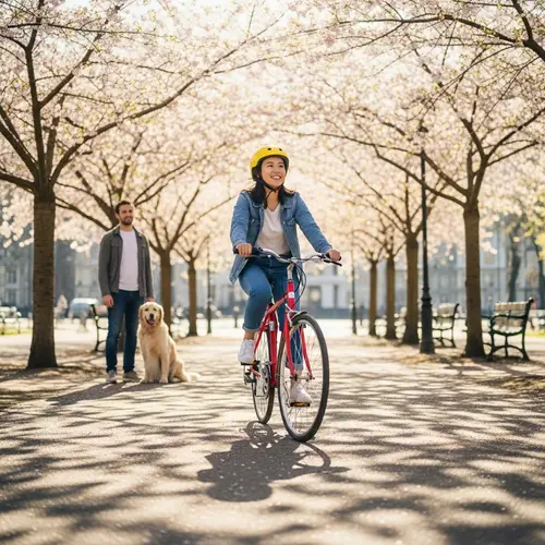 Joyful Asian Woman Riding Red Bicycle in Blossom-filled City Park