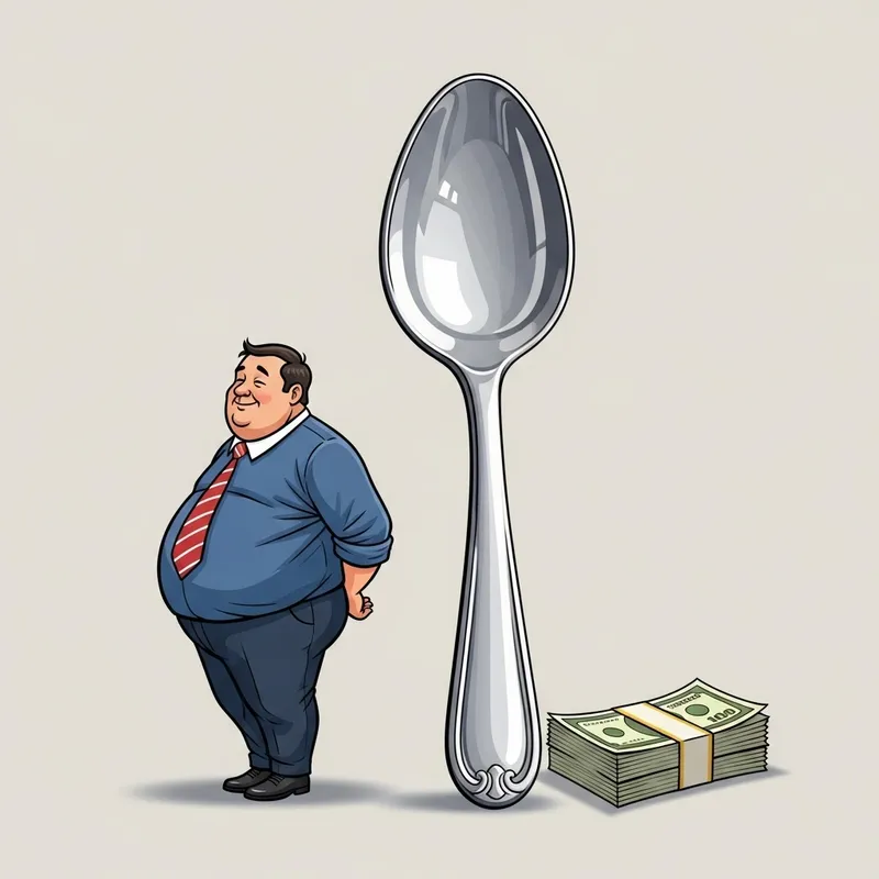 Hunchbacked Man with Silver Spoon and Stack of Currency