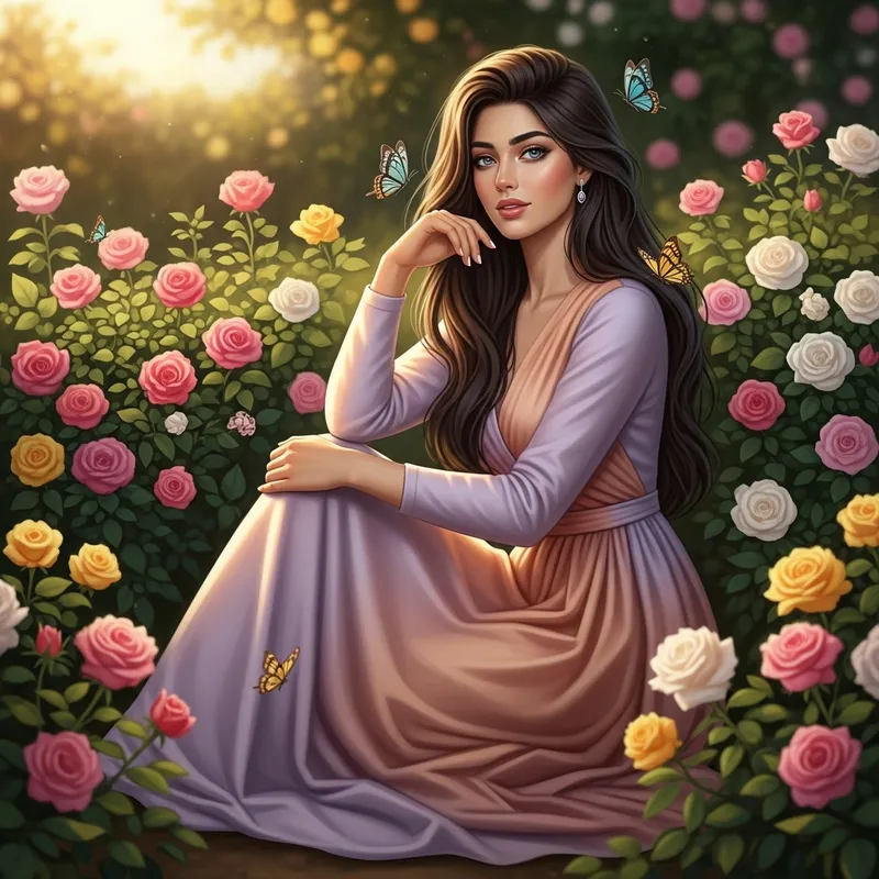 Beautiful South Asian Girl in Lavender Dress with Roses and Butterflies