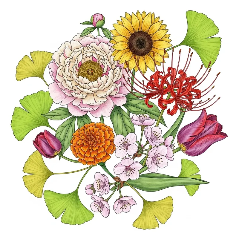 Intricate Flower Drawing with Peony, Sunflower & Spider Lily