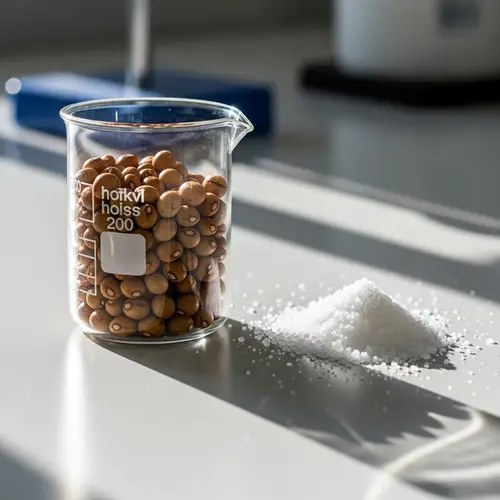 Glass Beaker with Tan Beans and White Salt on Laboratory Countertop