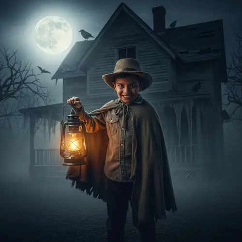 Spooky Boy in Chilling Costume at Abandoned House