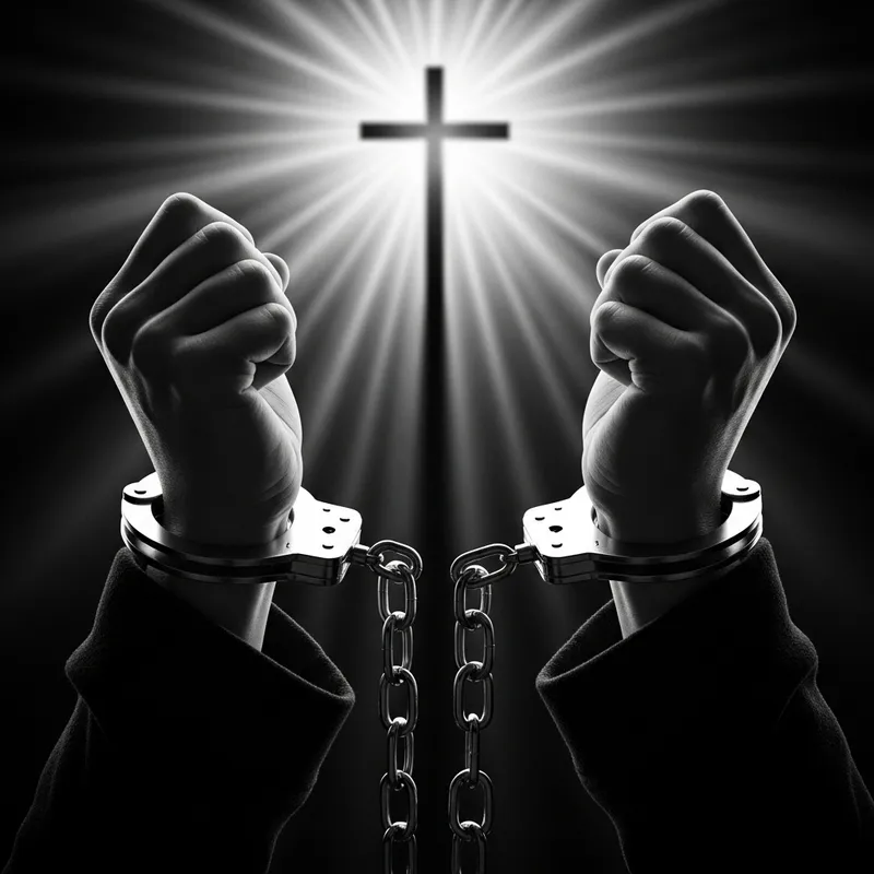 Glowing Christian Cross Amidst Chains - Surreal Liberation