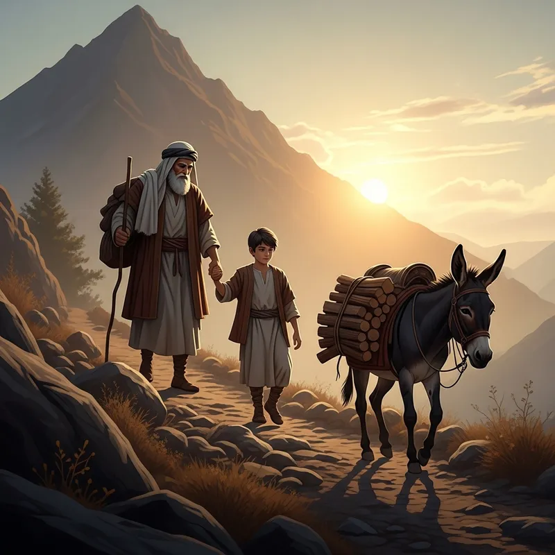 Solemn Biblical Scene: Abraham Leads Isaac Uphill with Obedience & Determination