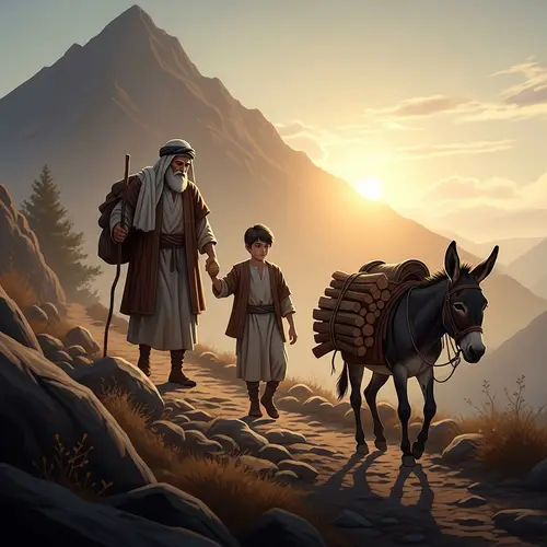 Aged Man and Teen Son Ascend Mountain with Donkey: Symbolic Journey