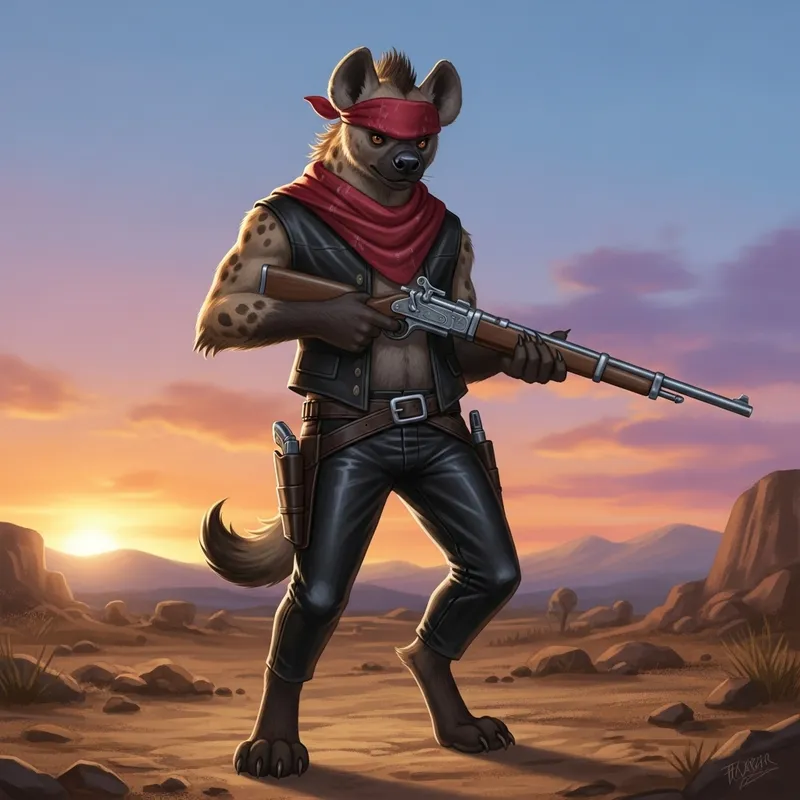Hyena Bandit in Black Leather Pants with Rifle