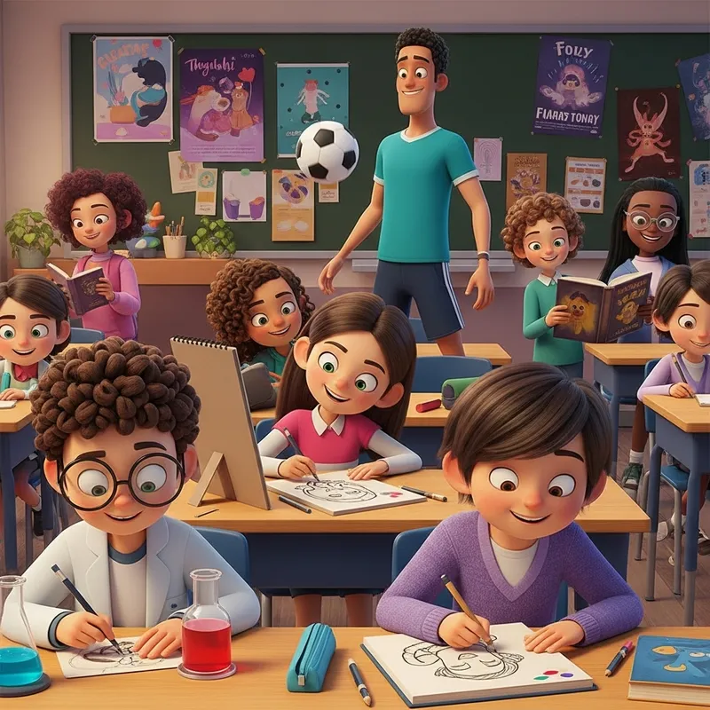 Vibrant Classroom: Playful Mix of Diverse Students in Engaging Activities